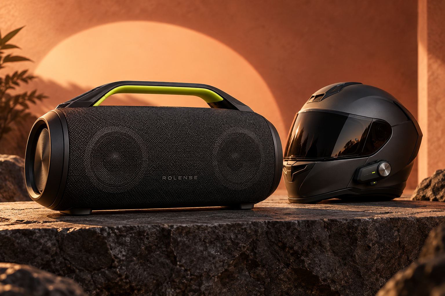 Concepto ROLENSE: parlante portátil y casco con intercomunicador sobre un pedestal