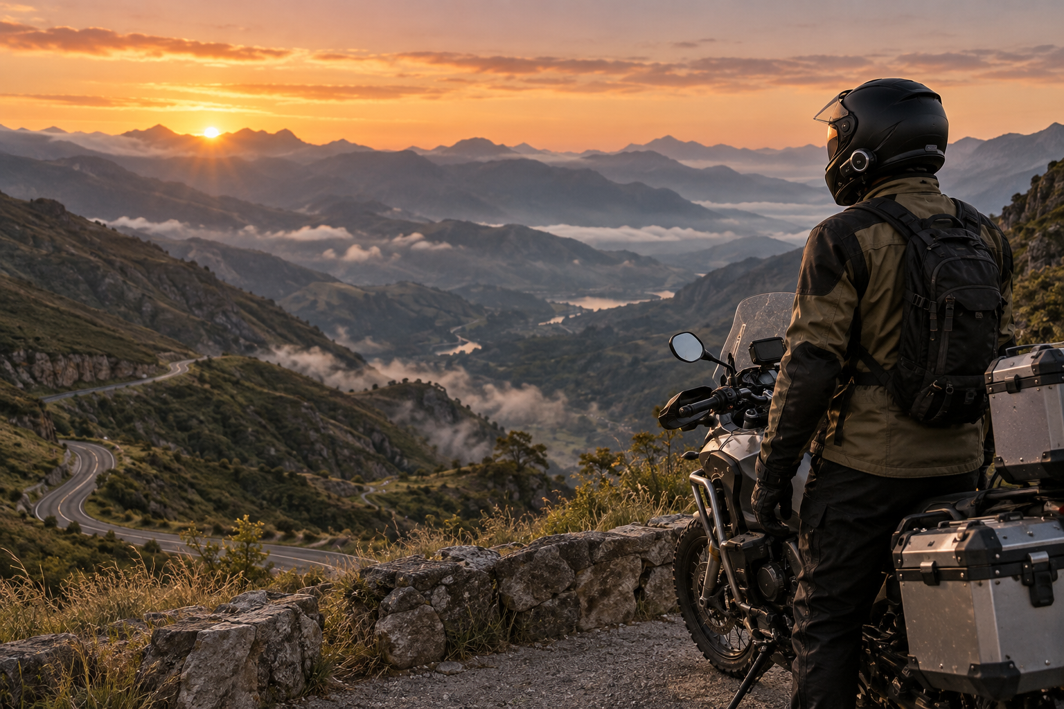 Carretera entre montañas al amanecer